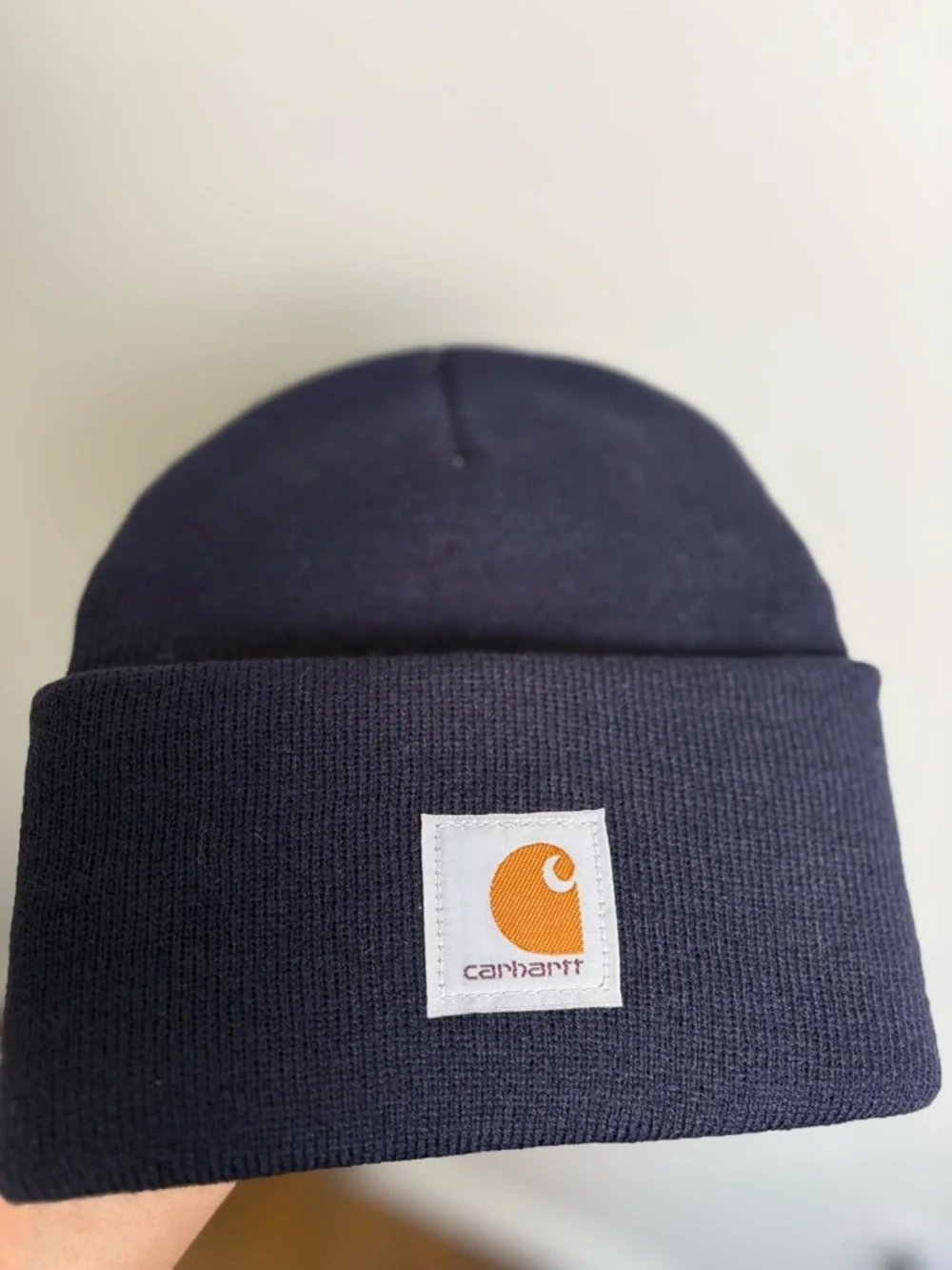 Carhartt Navy Knit Beanie with Orange Logo Tag